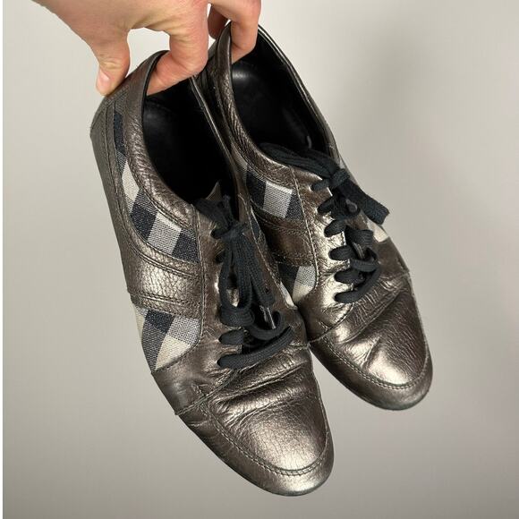 Burberry Shoes - Burberry Metallic Silver Canvas & Leather Lace Up Sneakers Size 8